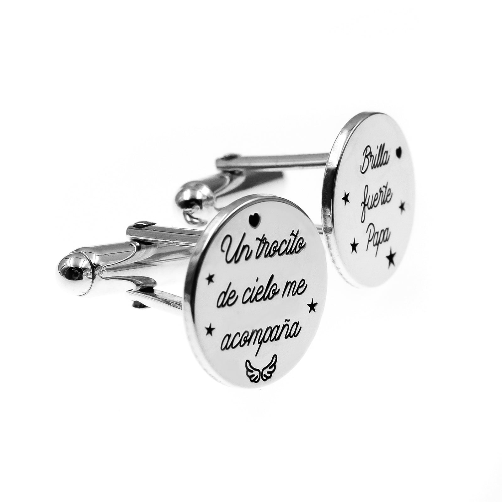 Gemelos de Plata con Mensaje “Un trocito de cielo me acompaña / Brilla fuerte papá”