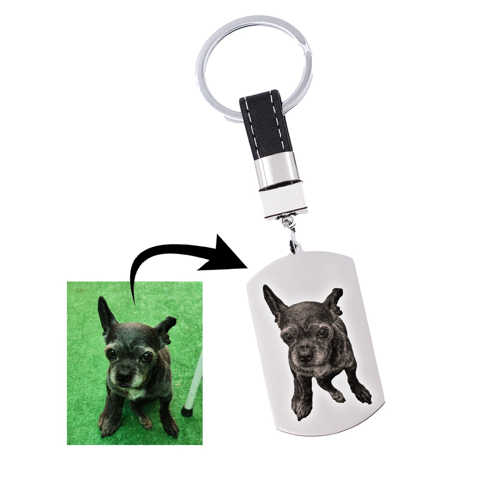 Llavero de acero personalizado con foto de mascota fotograbada
