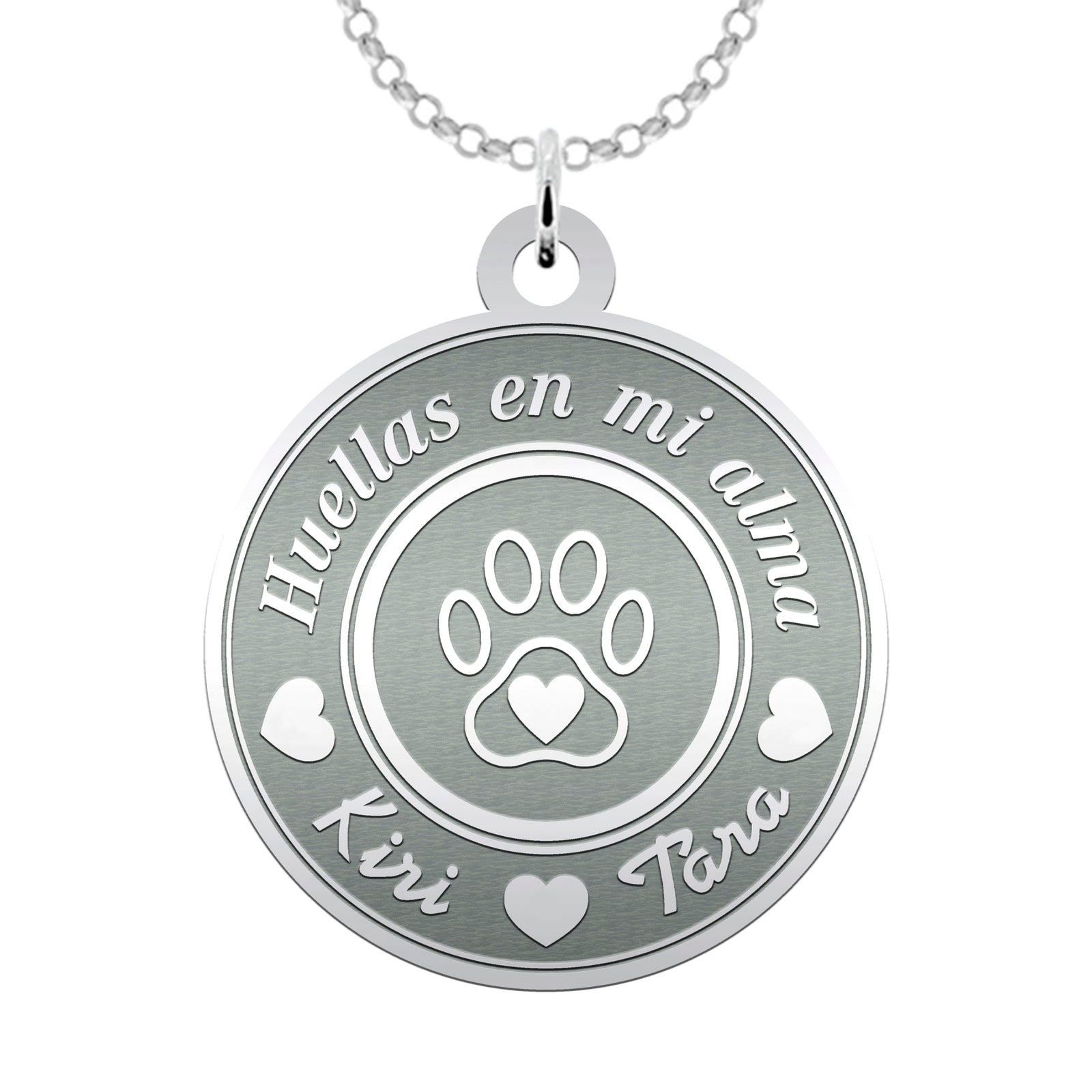 Colgante de plata personalizado con huella de mascota y grabado en relieve “Huellas en mi alma”