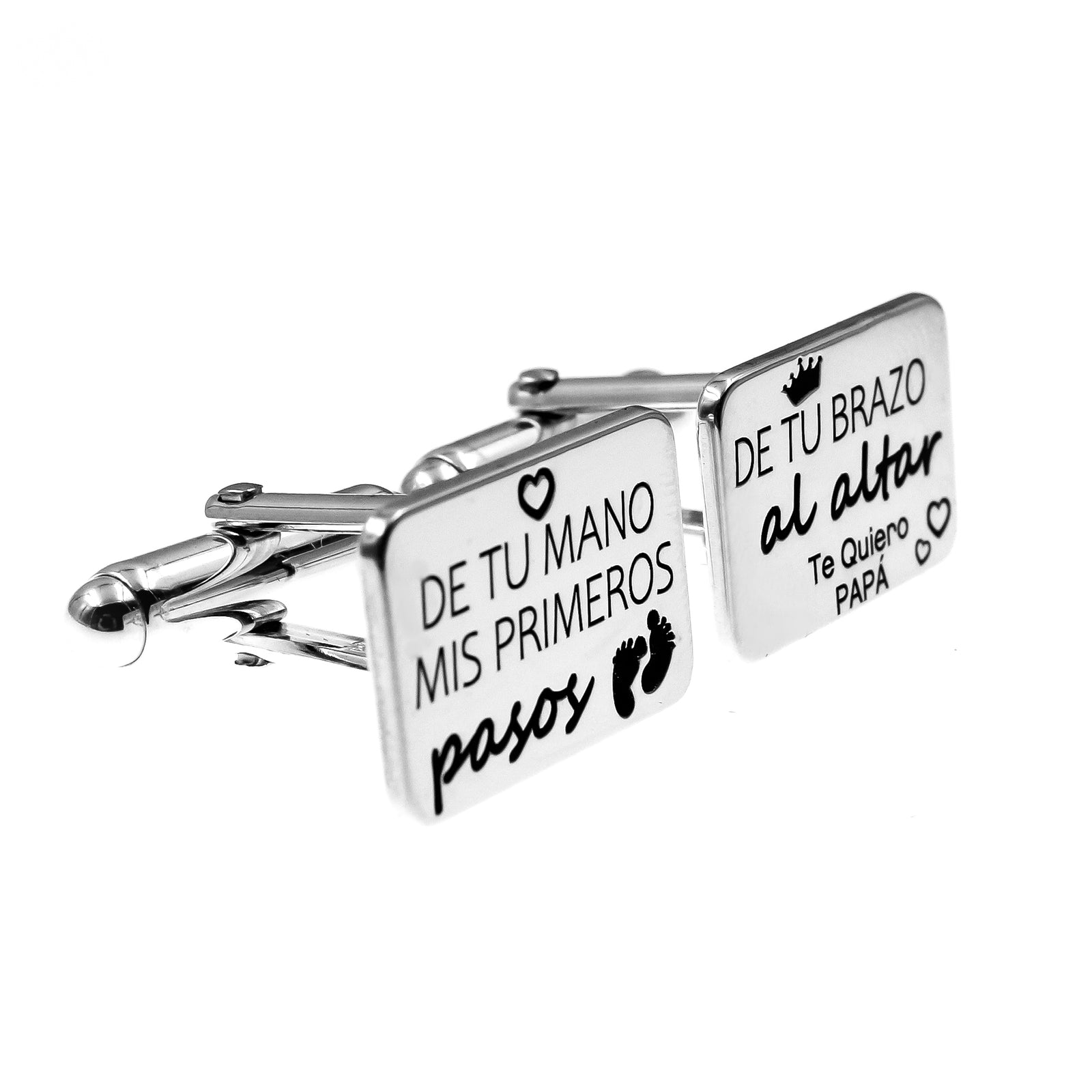 Gemelos de Plata con Mensaje “De tu mano mis primeros pasos, de tu brazo al altar”