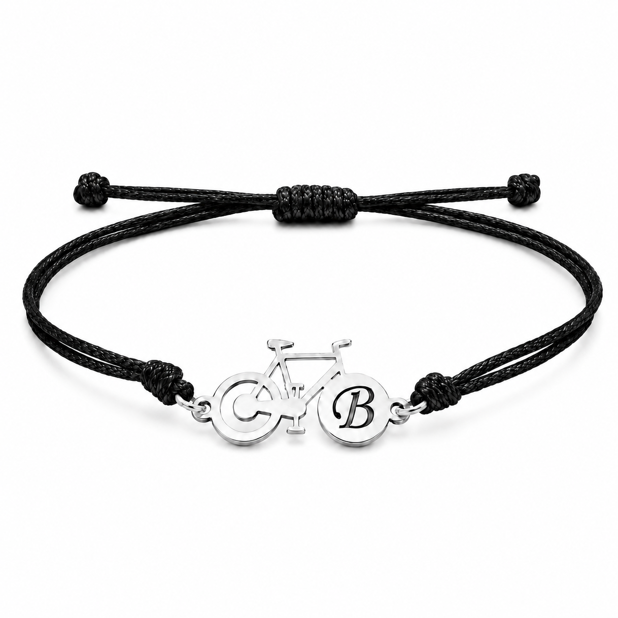 Pulsera de plata y cuero con bicicleta e inicial grabada