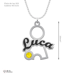 Colgante de niño o niña en plata personalizado con nombre y piedra de nacimiento – Regalo para mamá