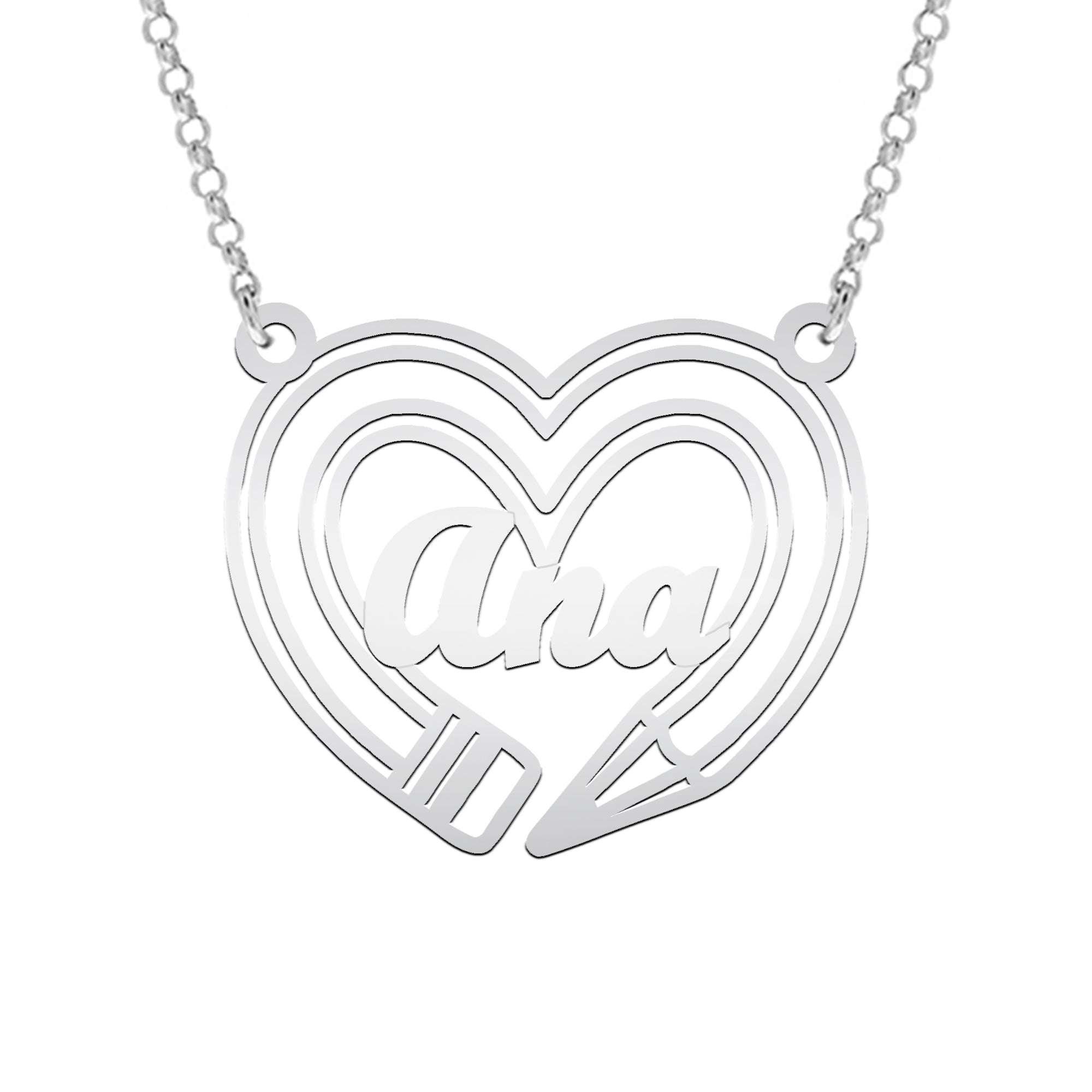 Colgante corazón con lápiz en plata personalizado con nombre – Regalo ideal para profesoras o amantes de la escritura
