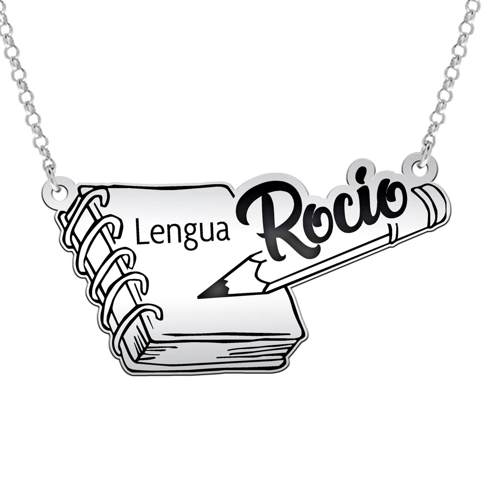 Colgante de plata personalizado para profesoras con nombre y asignatura