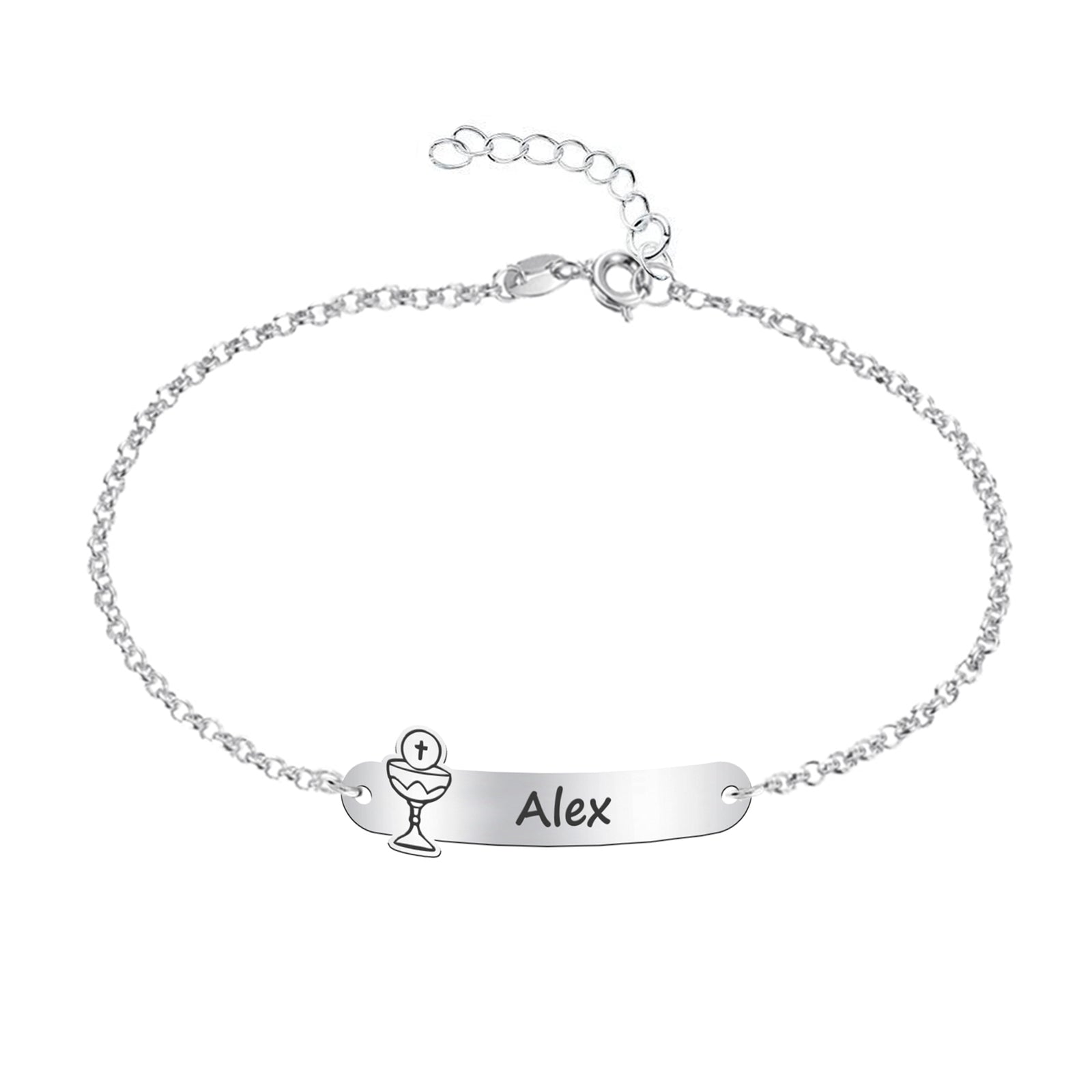 Pulsera de Primera Comunión Personalizada en Plata de Ley – Grabado con Nombre y Motivo Religioso