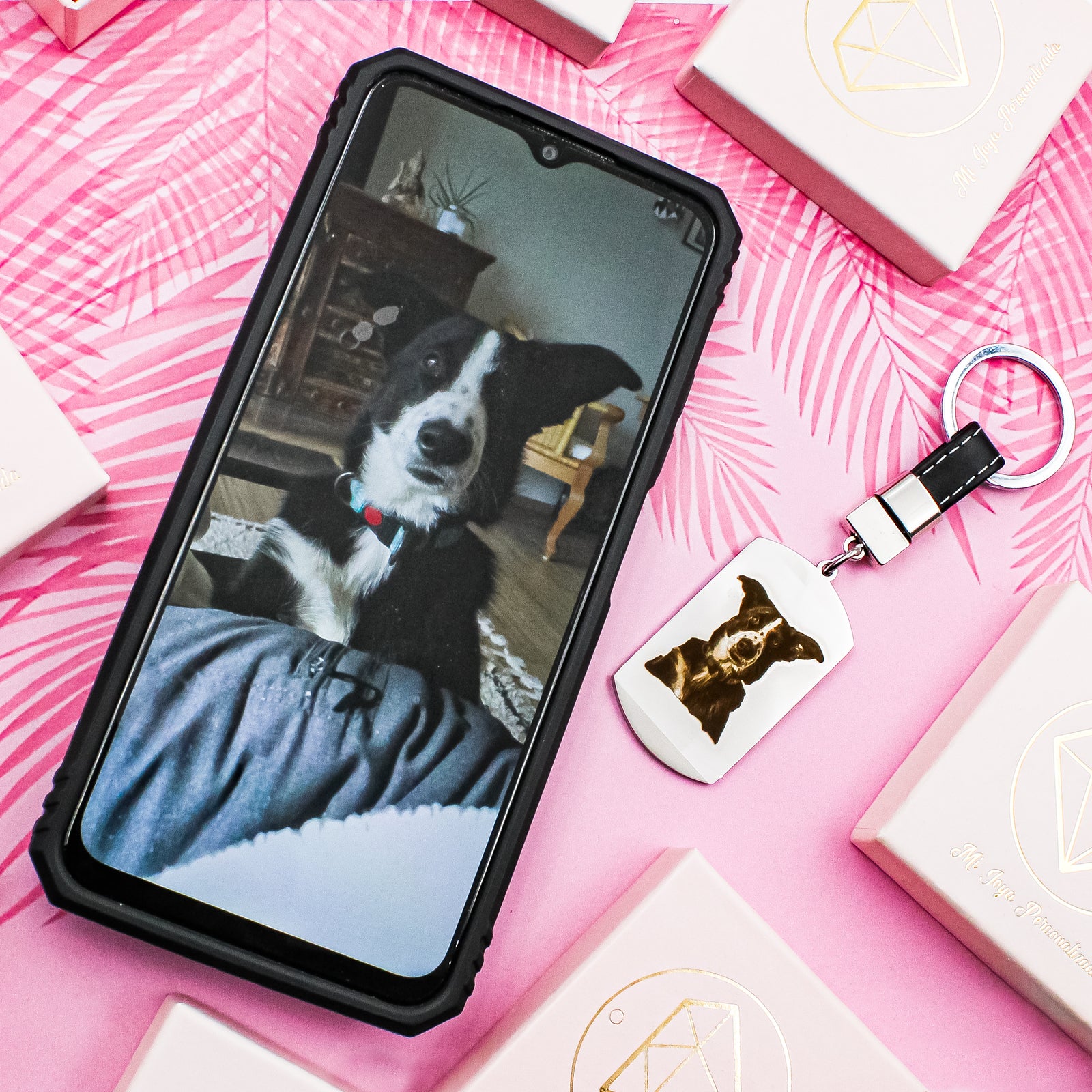 Llavero de acero personalizado con foto de mascota fotograbada