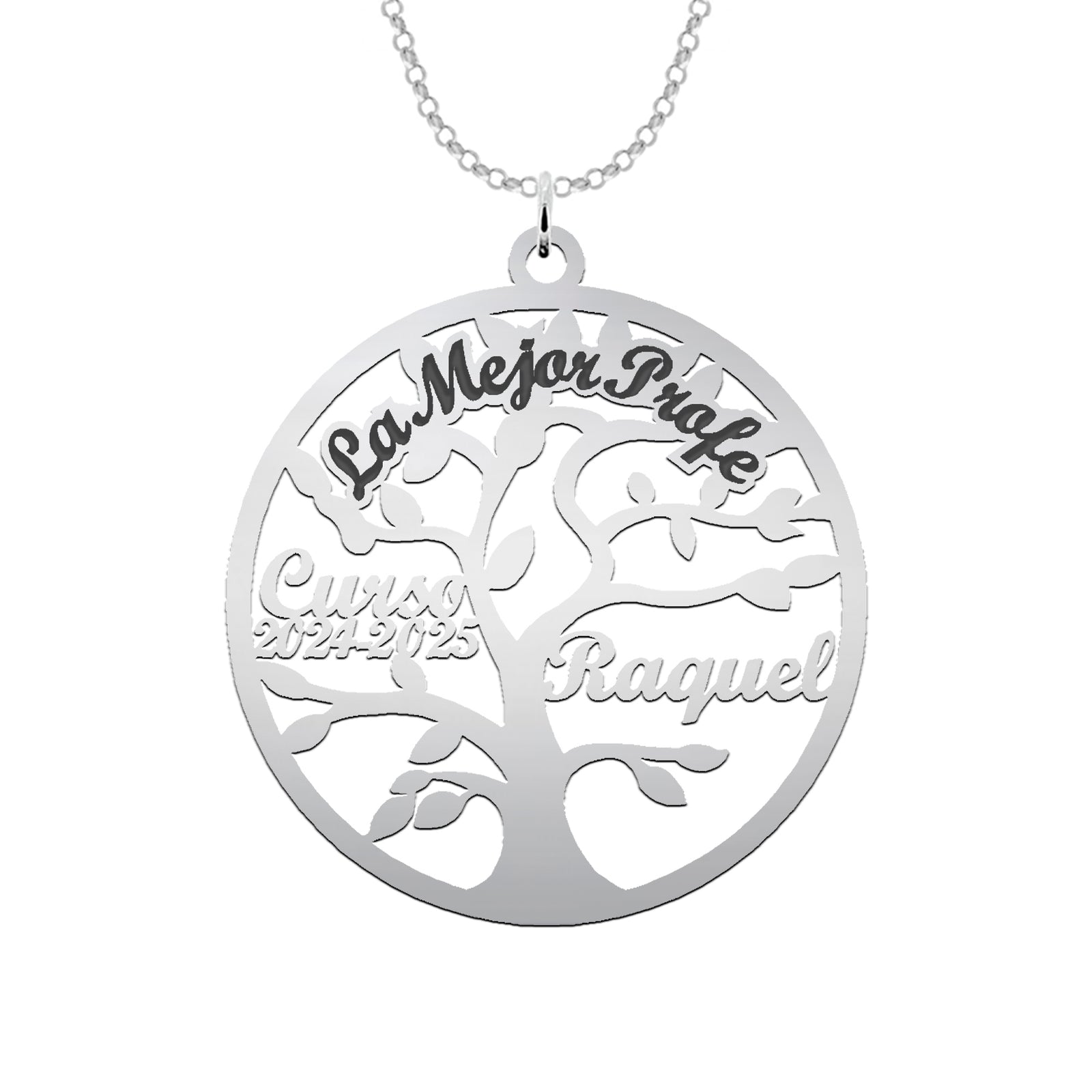 Colgante Arbol de la Vida Personalizado en Plata – “La Mejor Profe” con Nombre y Curso