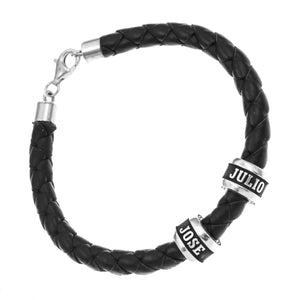 Pulsera de cuero nacional con aros de plata grabados en relieve – Personalizada, artesanal y ajustable