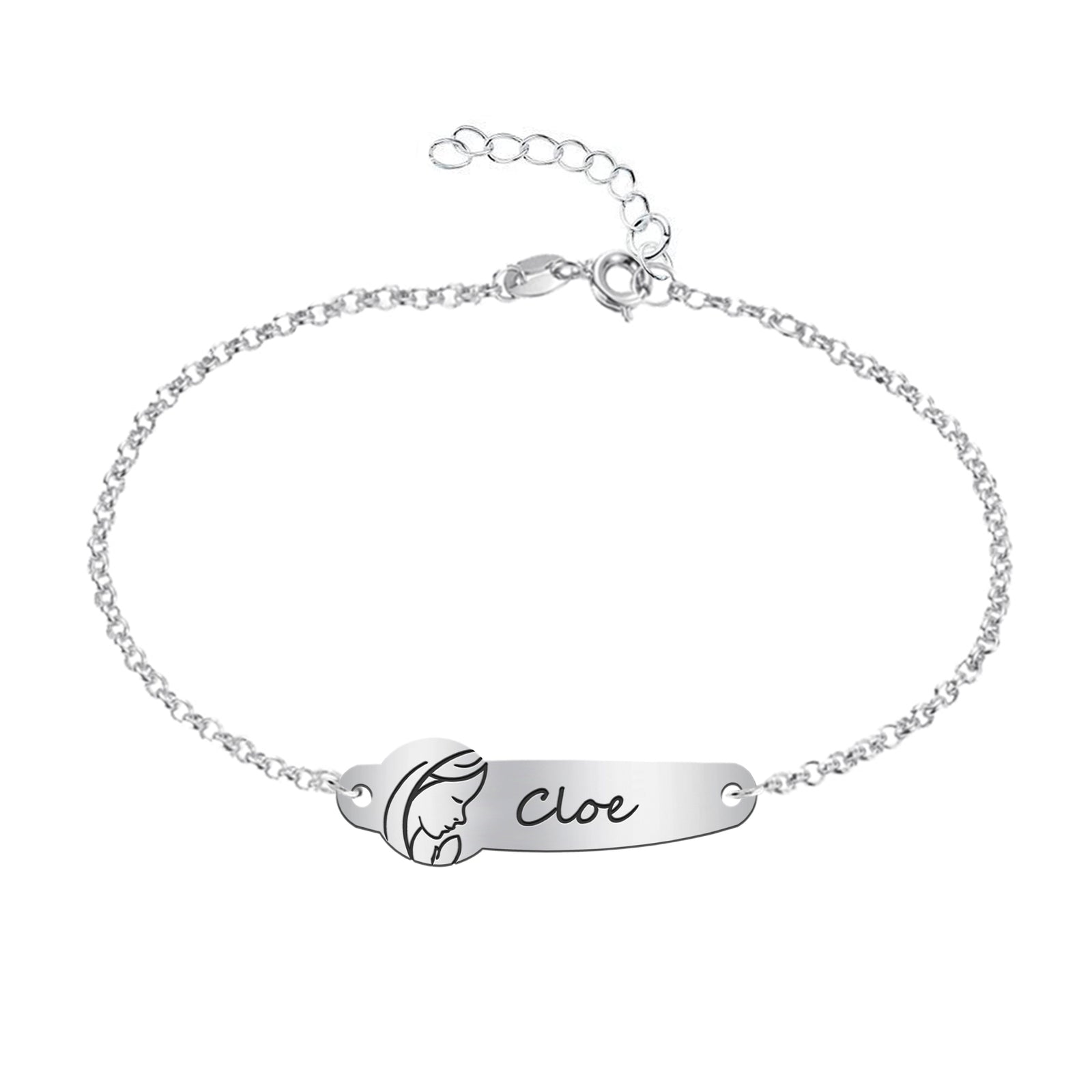 Pulsera de Primera Comunión Personalizada en Plata de Ley – Grabado con Nombre y Silueta de la Virgen María