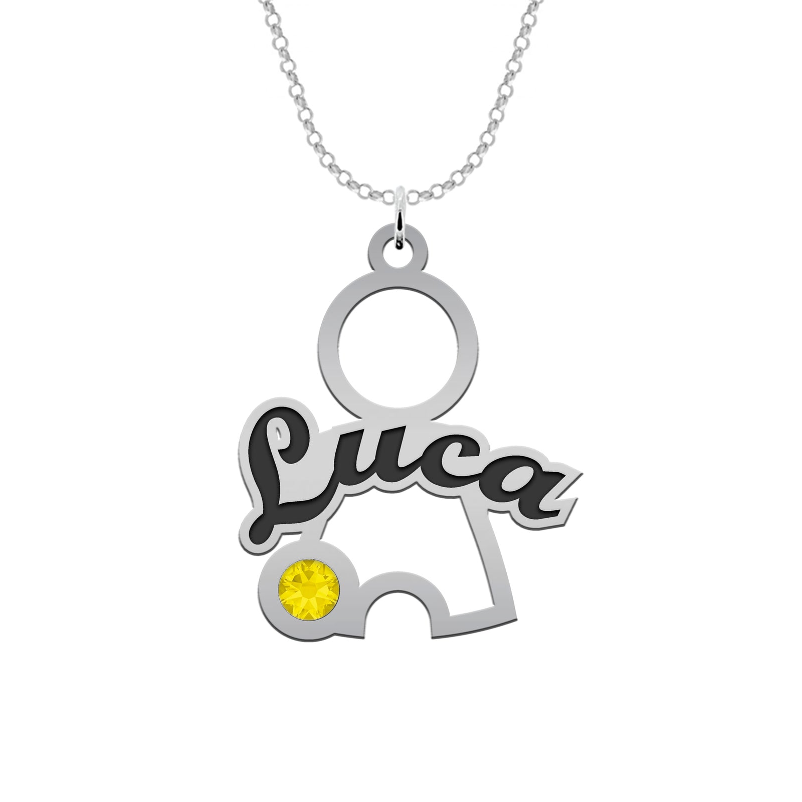 Colgante de niño o niña en plata personalizado con nombre y piedra de nacimiento – Regalo para mamá