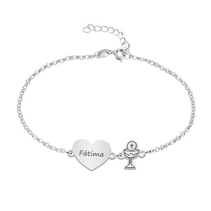 Pulsera Comunión Niña Personalizada Plata corazón con Nombre y Charm Religioso