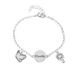 Pulsera Comunión Niña Personalizada Plata con Nombre y Charms Religiosos