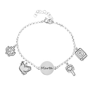 Pulsera Comunión Niña Personalizada Plata con Nombre y Charms Religiosos