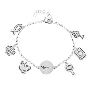 Pulsera Comunión Niña Personalizada Plata con Nombre y Charms Religiosos