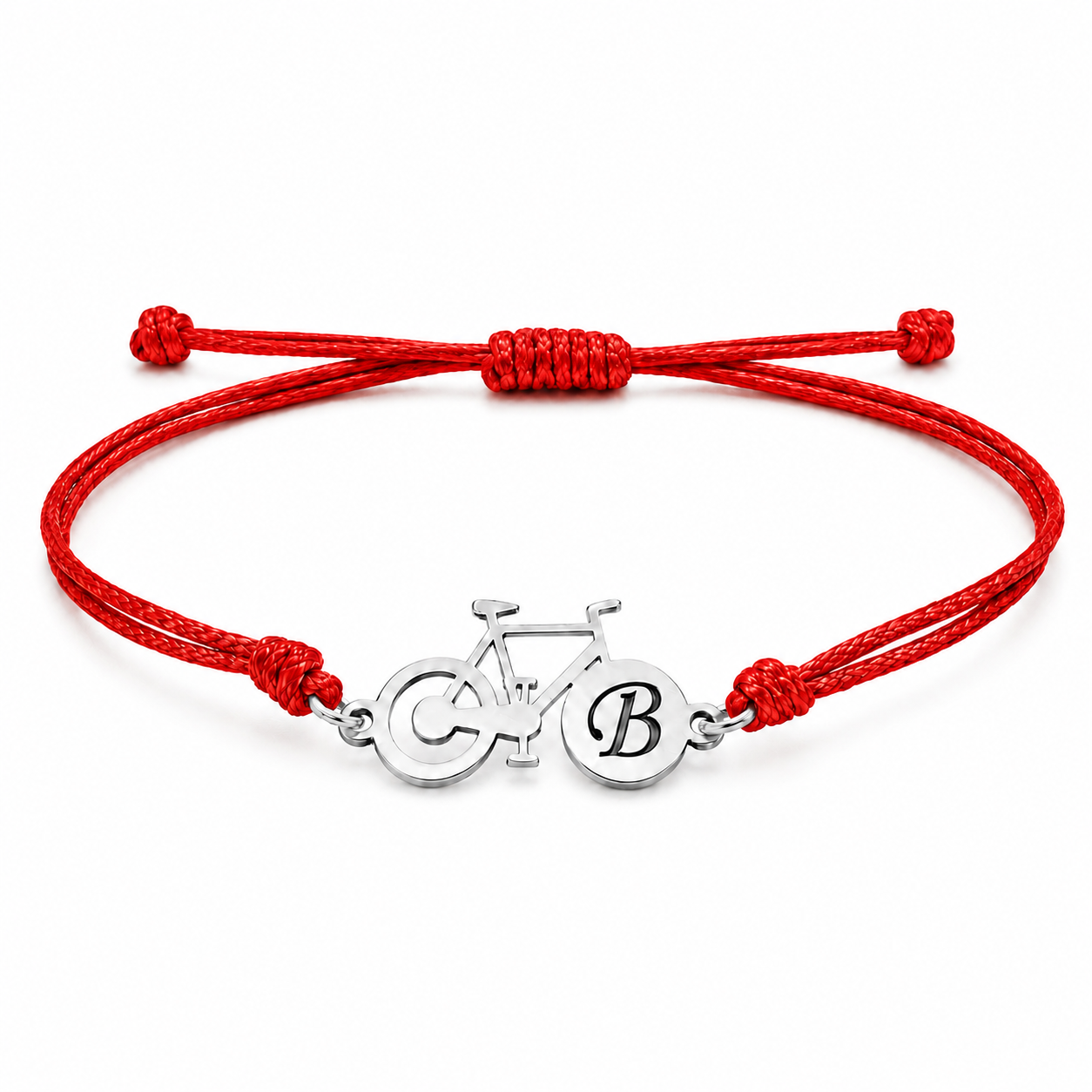 Pulsera de plata y cuero con bicicleta e inicial grabada