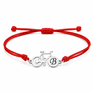 Pulsera de plata y cuero con bicicleta e inicial grabada
