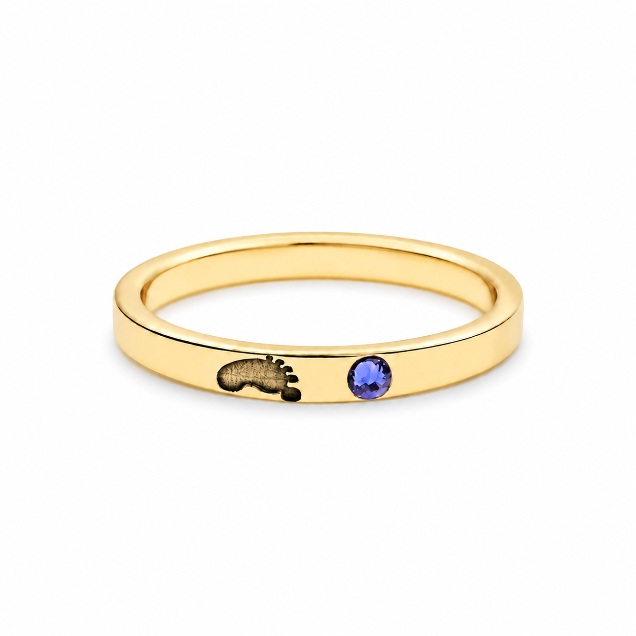 Anillo de plata con huella y piedra de nacimiento chapado en oro