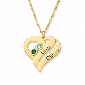 Collar de plata corazón 2 nombres 2 piedras de nacimiento chapado en oro