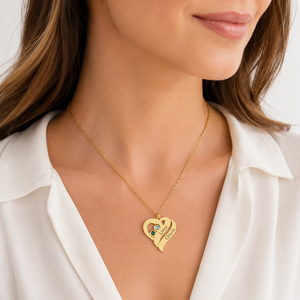 Collar de plata corazón 2 nombres 2 piedras de nacimiento chapado en oro