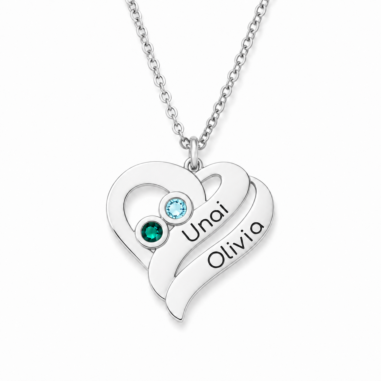 Collar de plata corazón 2 nombres 2 piedras de nacimiento