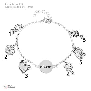 Pulsera Comunión Niña Personalizada Plata con Nombre y Charms Religiosos