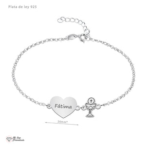 Pulsera Comunión Niña Personalizada Plata corazón con Nombre y Charm Religioso
