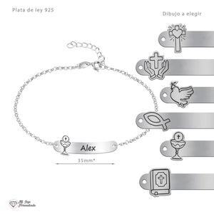 Pulsera de Primera Comunión Personalizada en Plata de Ley – Grabado con Nombre y Motivo Religioso