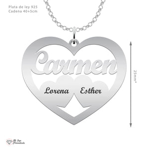 Colgante corazón de plata personalizado con nombres – Regalo para mamá o abuela