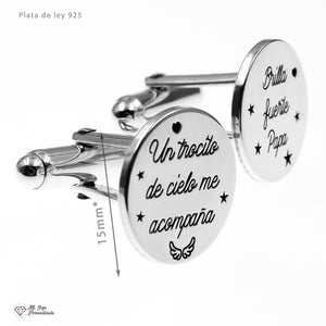 Gemelos de Plata con Mensaje “Un trocito de cielo me acompaña / Brilla fuerte papá”