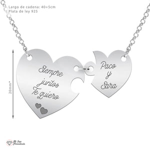 Colgante de pareja en forma de corazón partido en plata – Personalizado con nombres y mensaje grabado