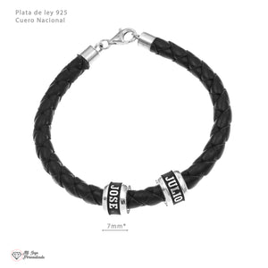 Pulsera de cuero nacional con aros de plata grabados en relieve – Personalizada, artesanal y ajustable