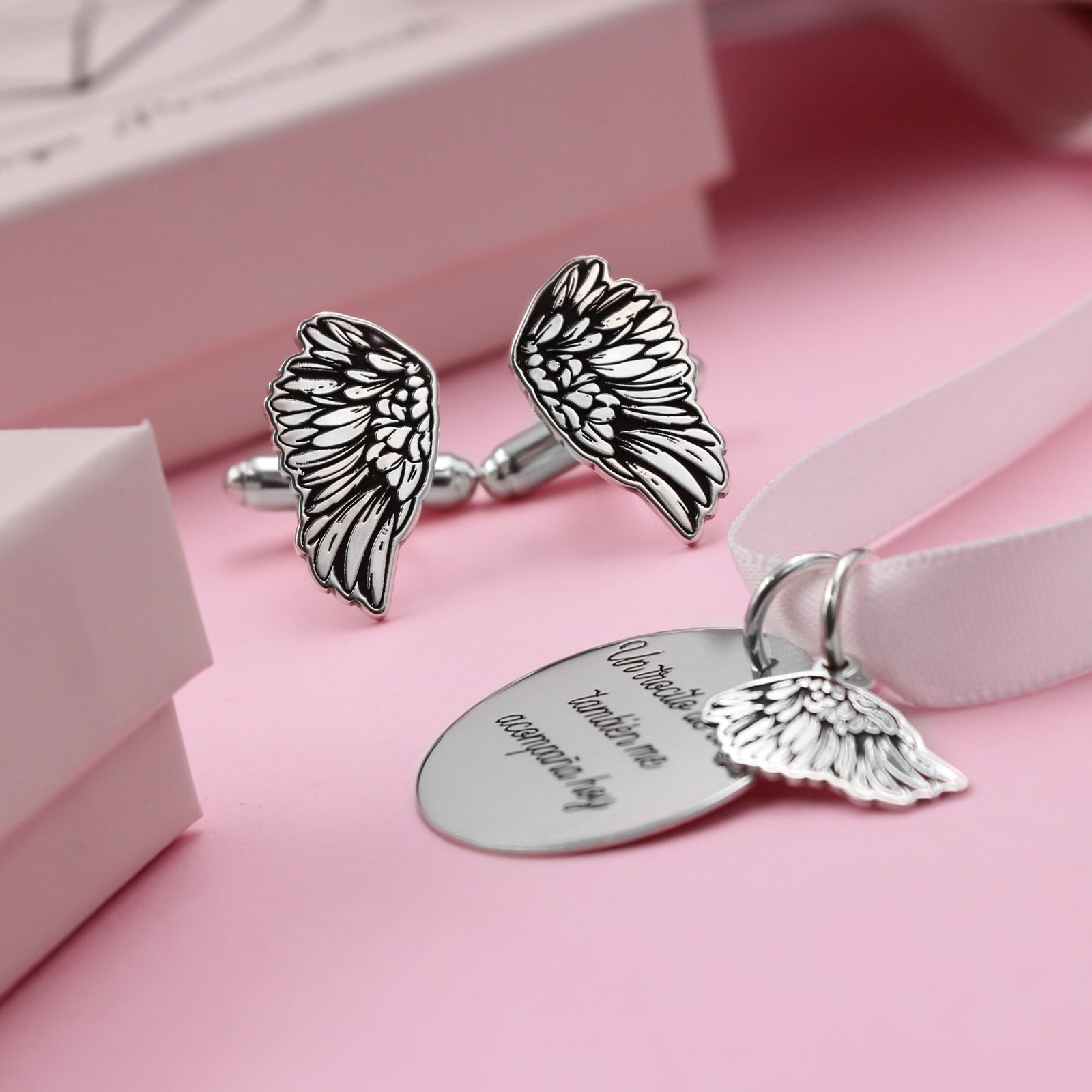 Pack Medalla para Ramo de Novia con Ala + Gemelos con Alas en Plata