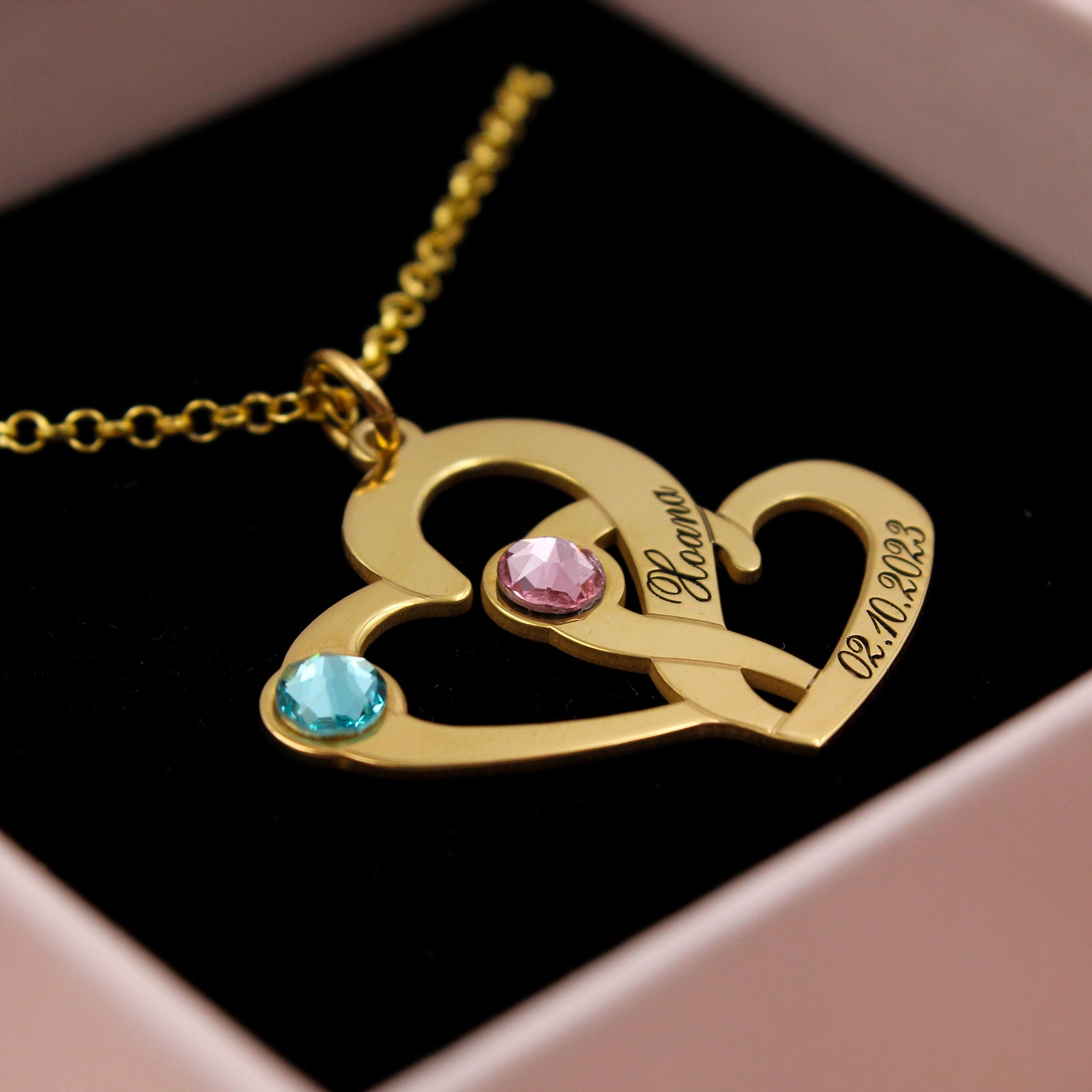 Collar de plata corazones entrelazados chapado en oro