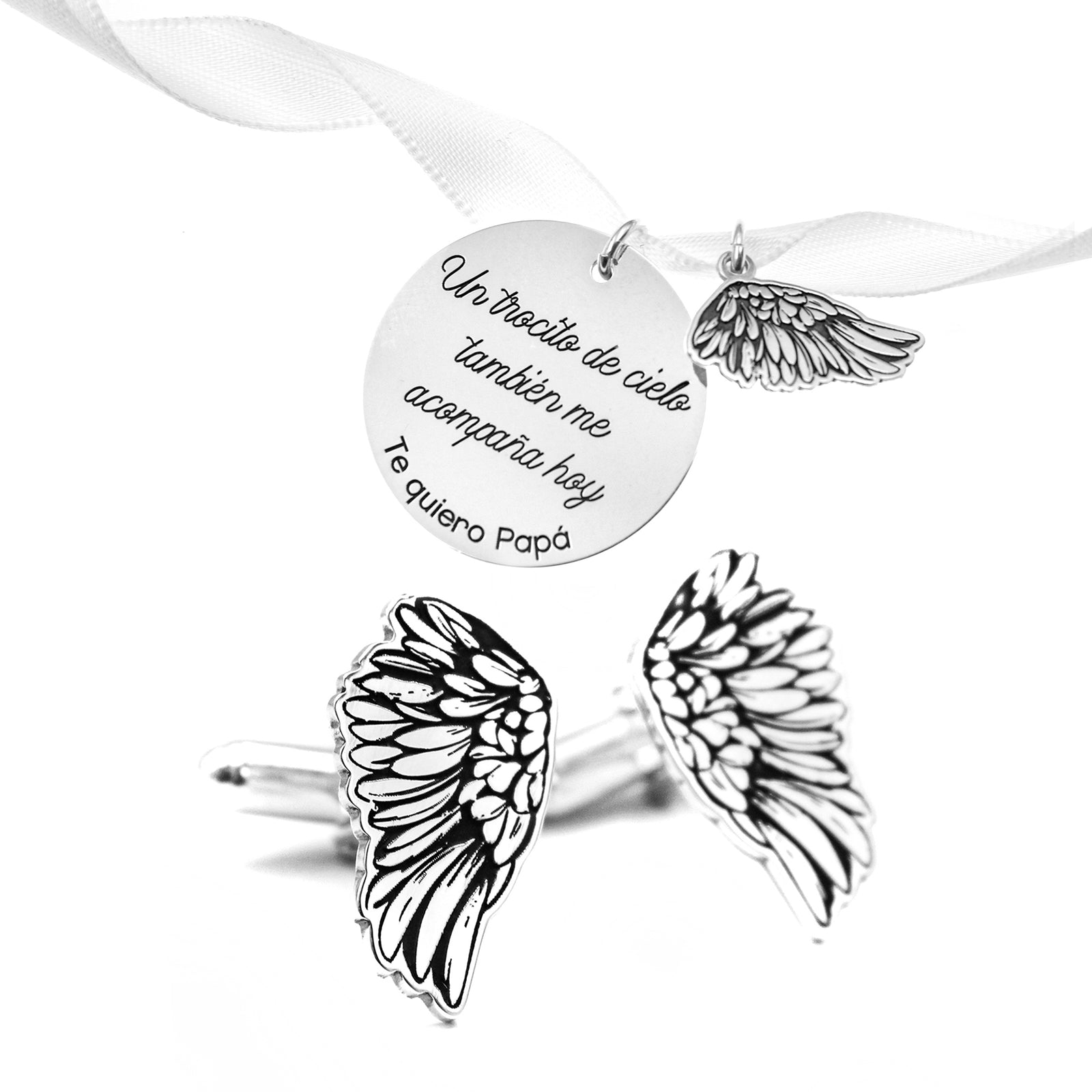 Pack Medalla para Ramo de Novia con Ala + Gemelos con Alas en Plata