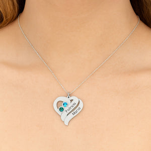 Collar de plata corazón 2 nombres 2 piedras de nacimiento