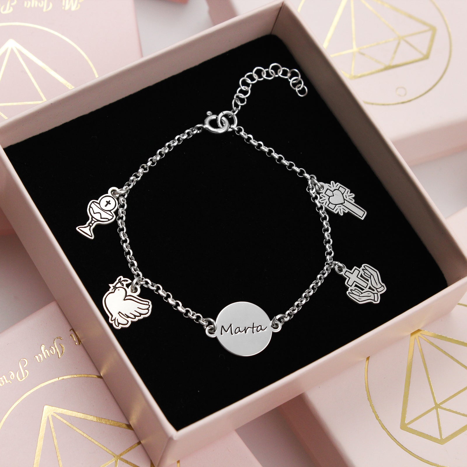 Pulsera Comunión Niña Personalizada Plata con Nombre y Charms Religiosos