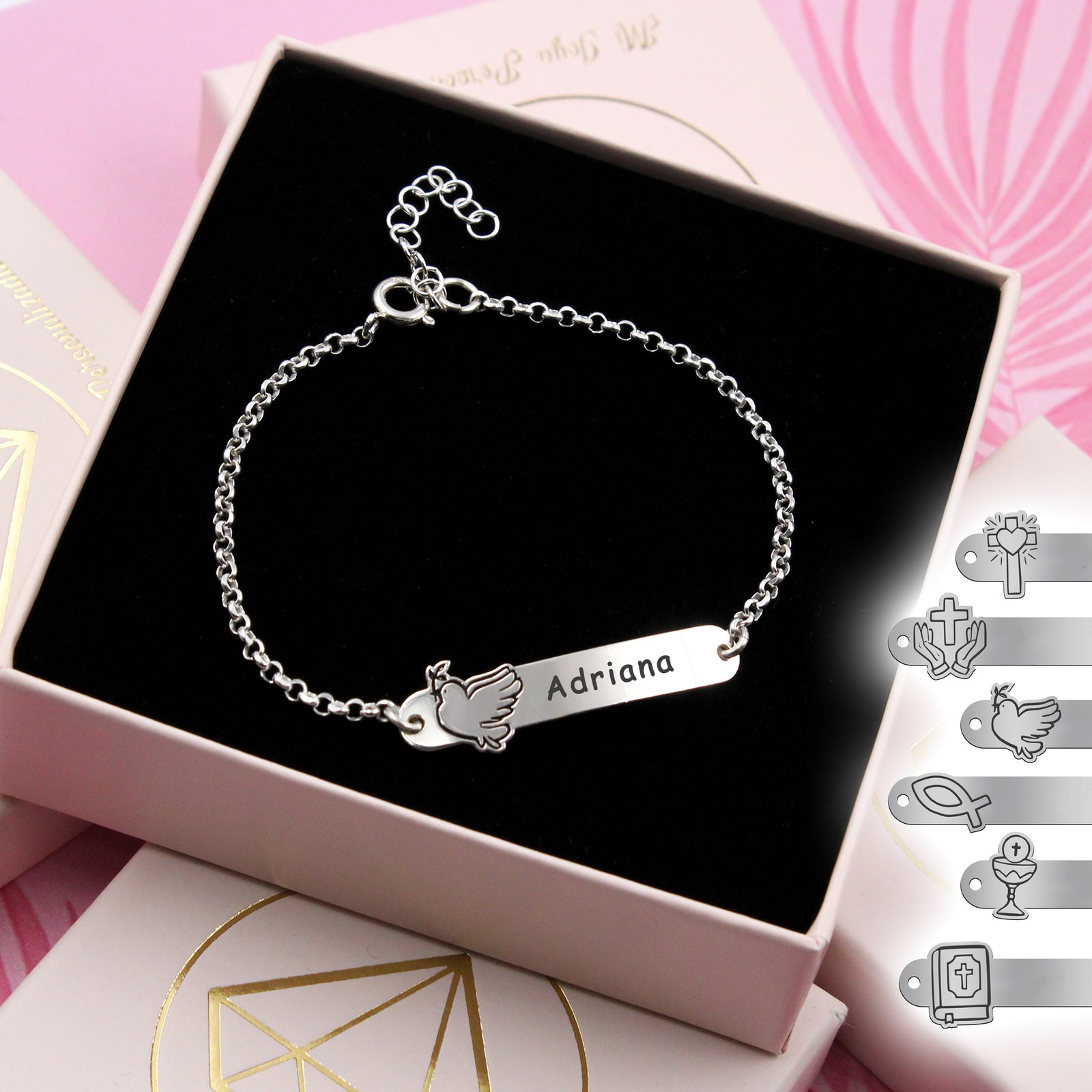 Pulsera de Primera Comunión Personalizada en Plata de Ley – Grabado con Nombre y Motivo Religioso