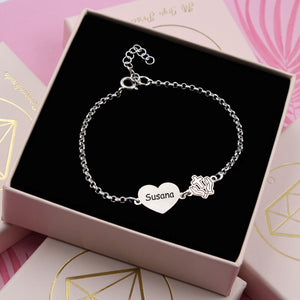 Pulsera Comunión Niña Personalizada Plata corazón con Nombre y Charm Religioso