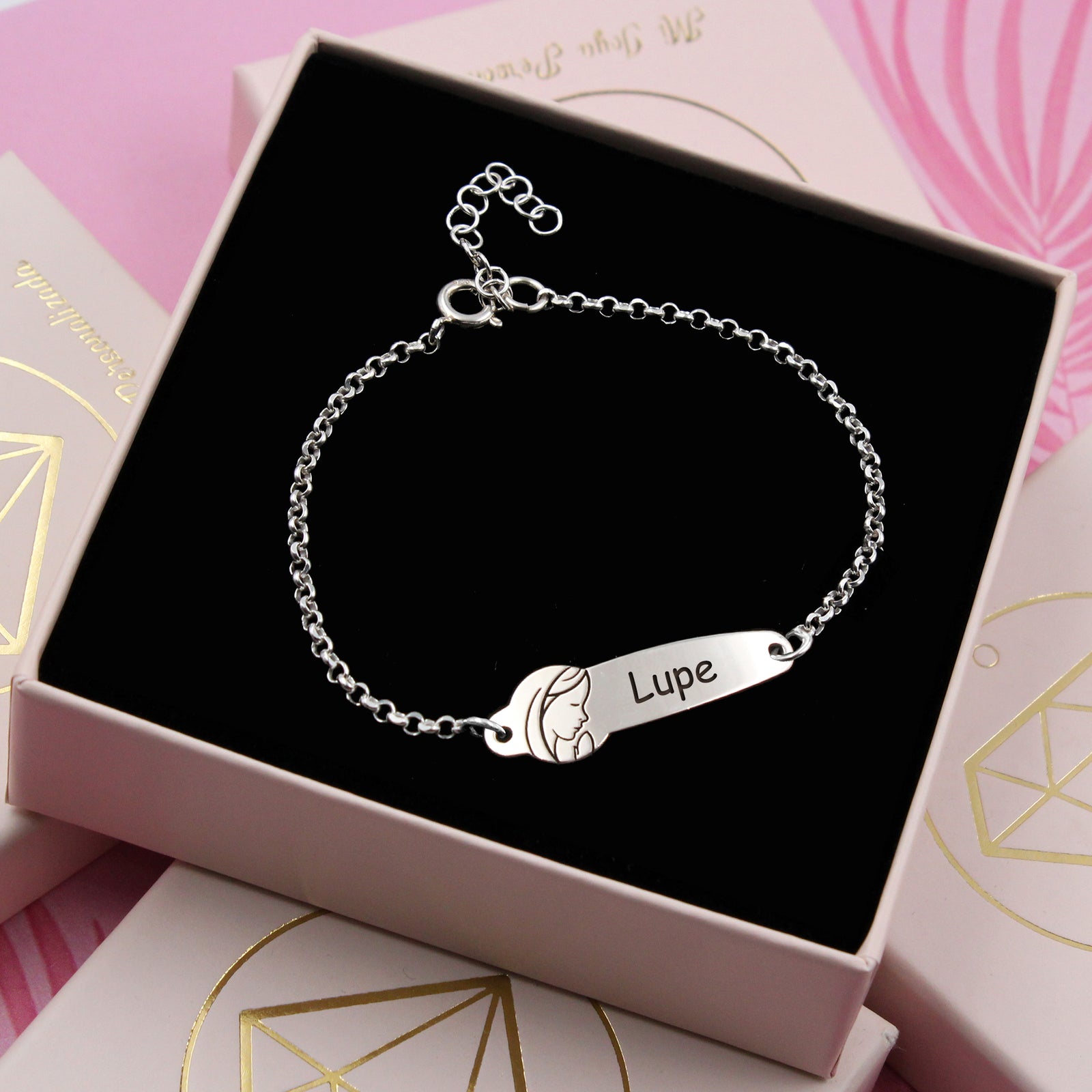 Pulsera de Primera Comunión Personalizada en Plata de Ley – Grabado con Nombre y Silueta de la Virgen María