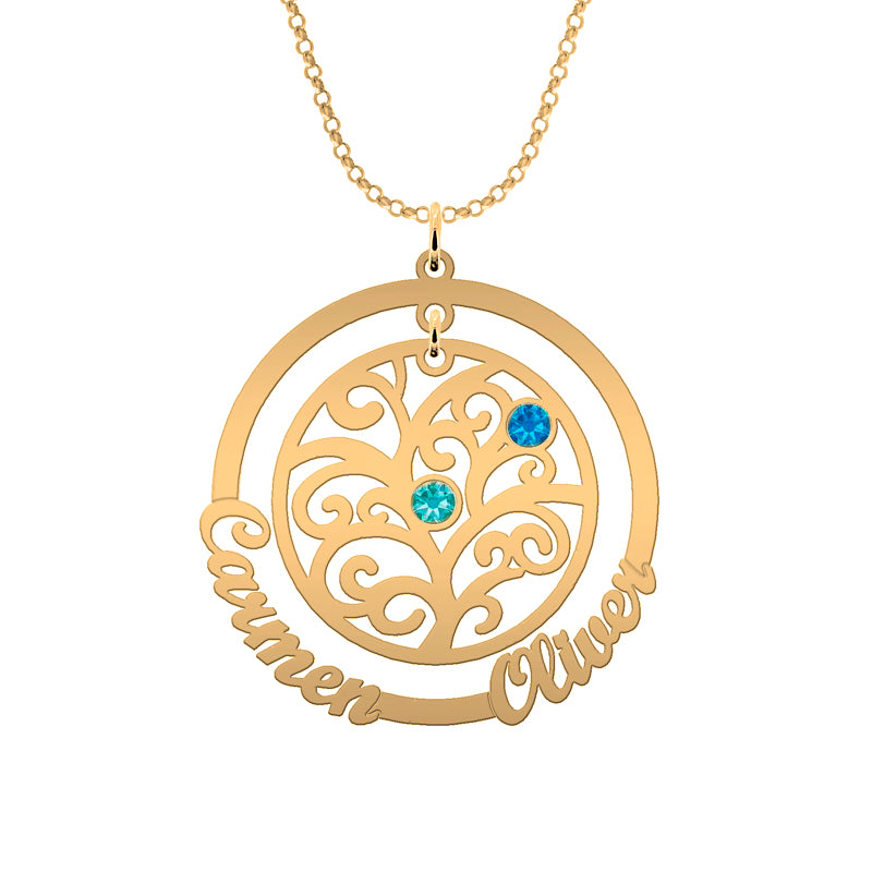 Collar árbol de la vida y aro hasta 4 nombres y 4 piedras de nacimiento chapado en oro