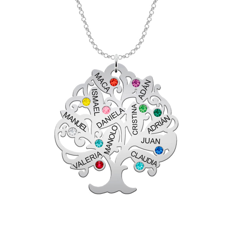 Collar árbol de la vida plata hasta 11 nombres y 11 piedras de nacimiento
