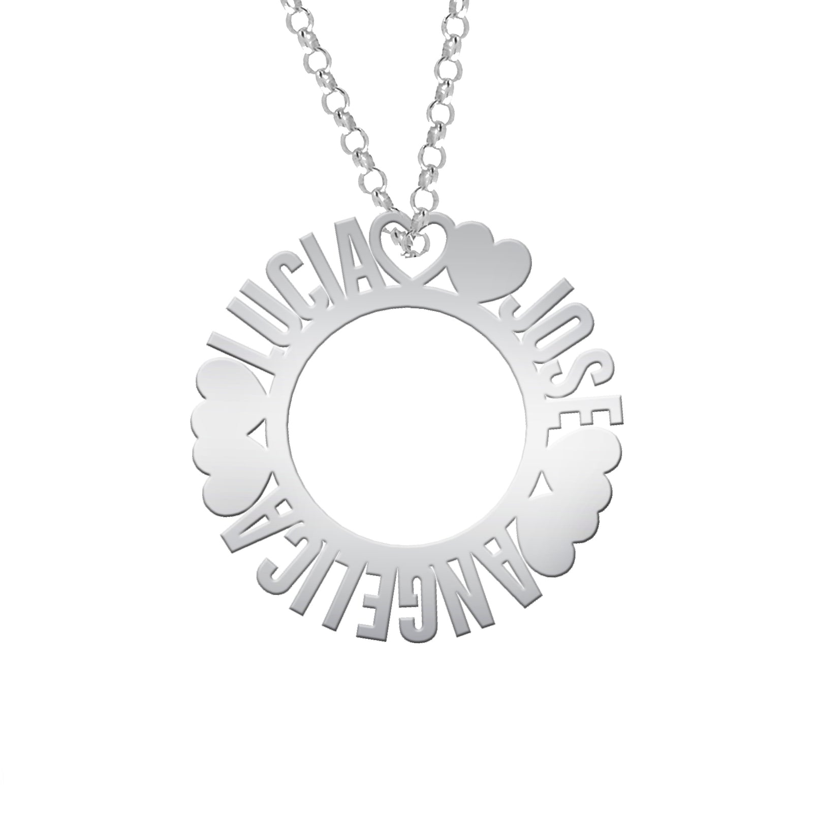 Collar de plata círculo con corazones y hasta 3 nombres