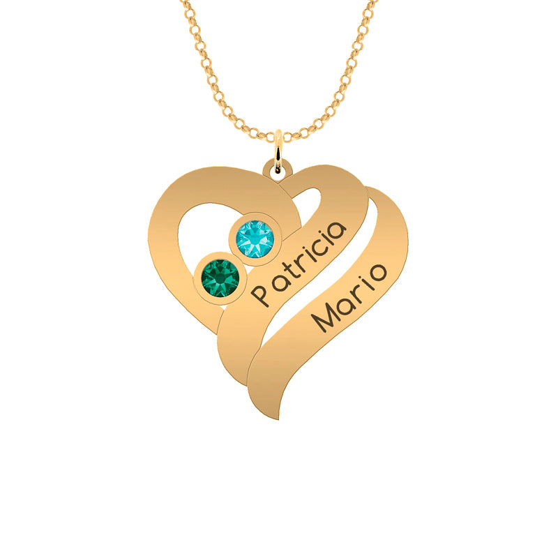 Collar de plata corazón 2 nombres 2 piedras de nacimiento chapado en oro