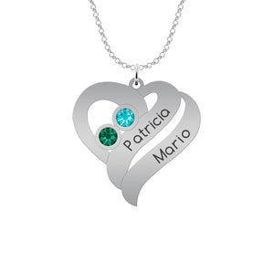 Collar de plata corazón 2 nombres 2 piedras de nacimiento
