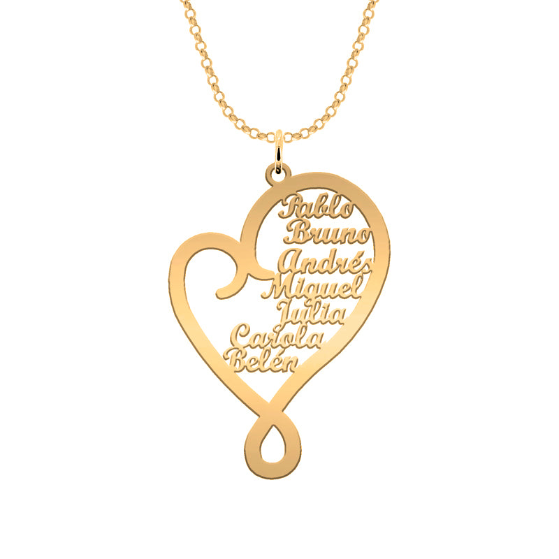 Collar corazón de plata chapado en oro personalizado con nombres