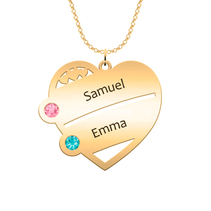 Collar corazón de plata chapado en oro personalizado con hasta 4 nombres y 4 piedras de nacimiento