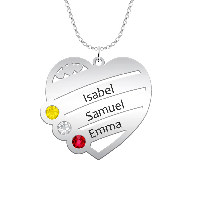 Collar corazón de plata personalizado con hasta 4 nombres y 4 piedras de nacimiento