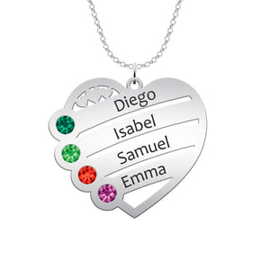 Collar corazón de plata personalizado con hasta 4 nombres y 4 piedras de nacimiento
