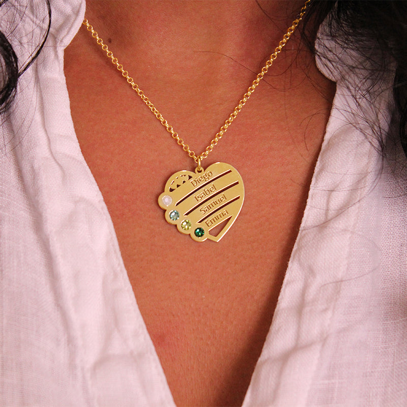 Collar corazón de plata chapado en oro personalizado con hasta 4 nombres y 4 piedras de nacimiento