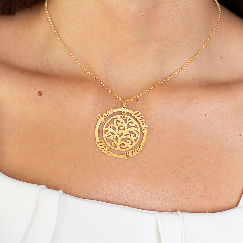 Collar árbol de la vida y aro hasta 4 nombres chapado en oro